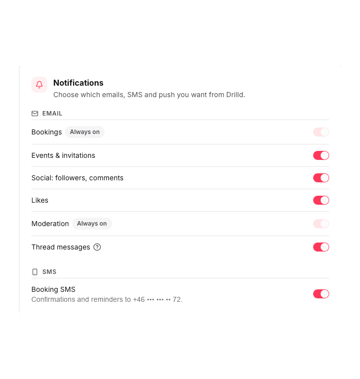 Drilld notification settings showing the Booking SMS toggle that turns off booking confirmations and reminders