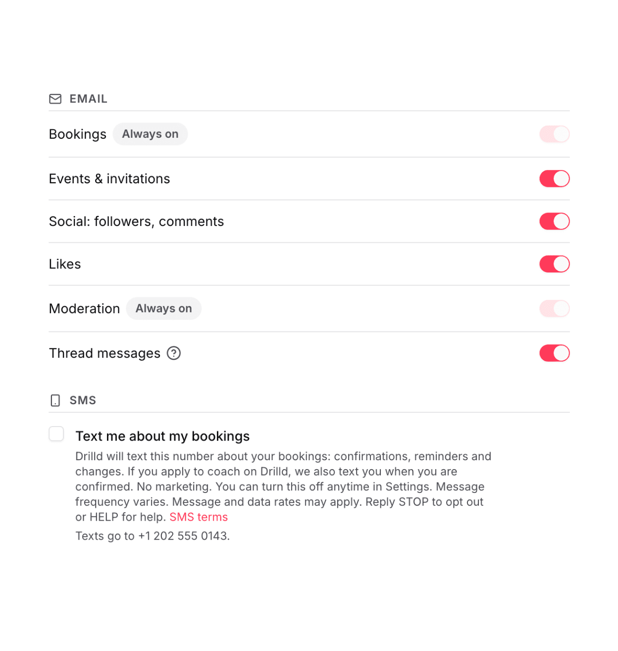Drilld notification settings showing the unticked Text me about my bookings box and the text explaining what is sent