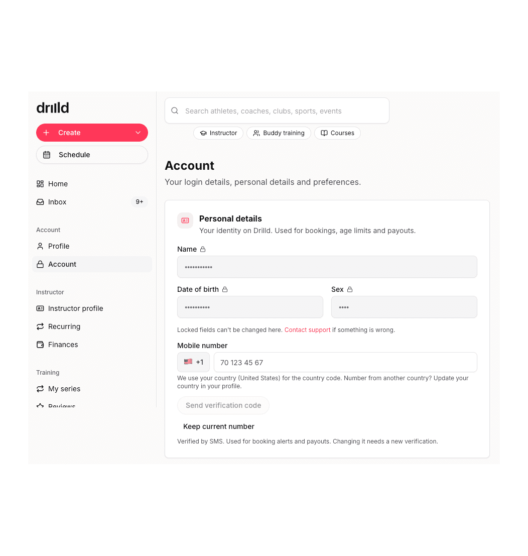 Drilld account settings showing the optional mobile number field and the text explaining what the number is used for