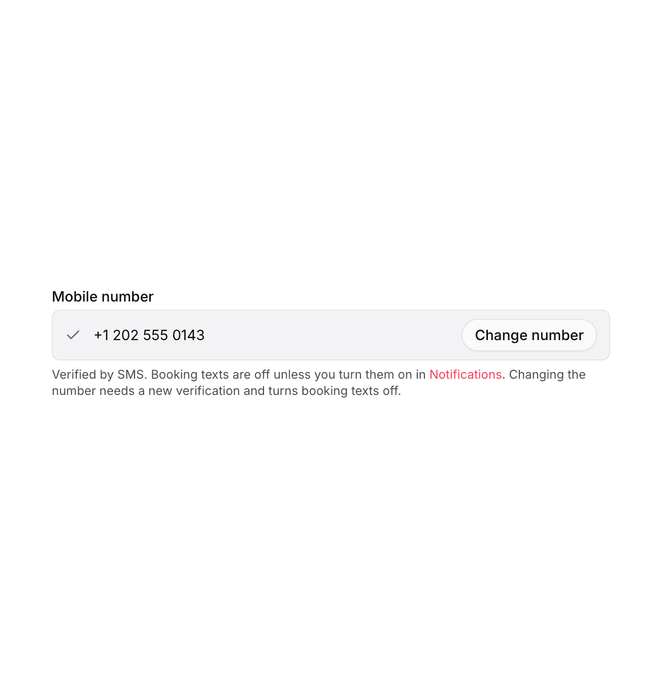 Drilld account settings showing the verified mobile number and the text saying booking texts are off unless the user turns them on